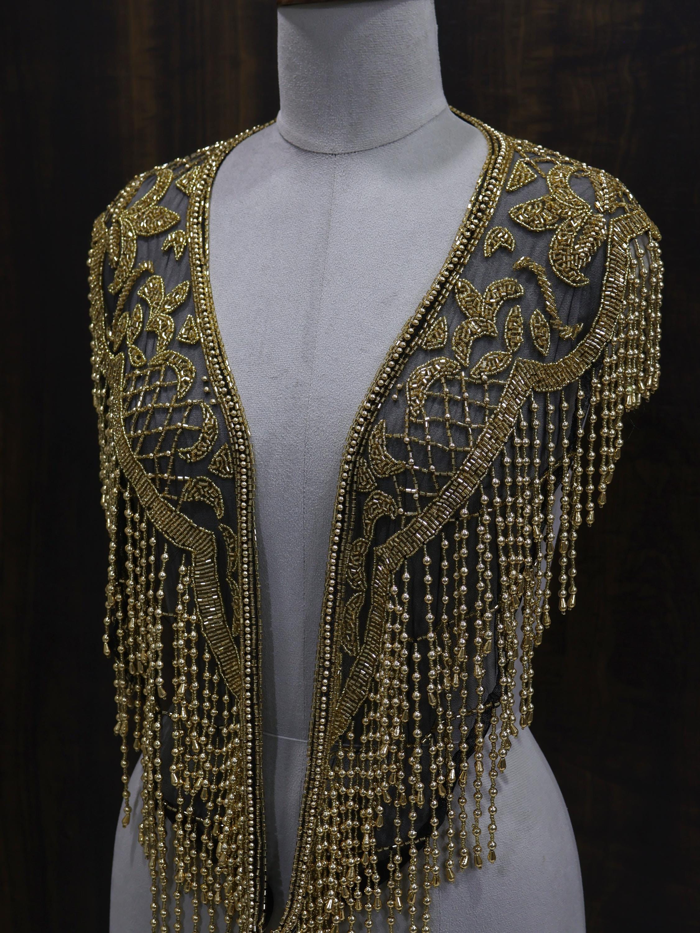 Open-Front Gold Beaded Mesh Shoulder Cape with Cascading Fringe