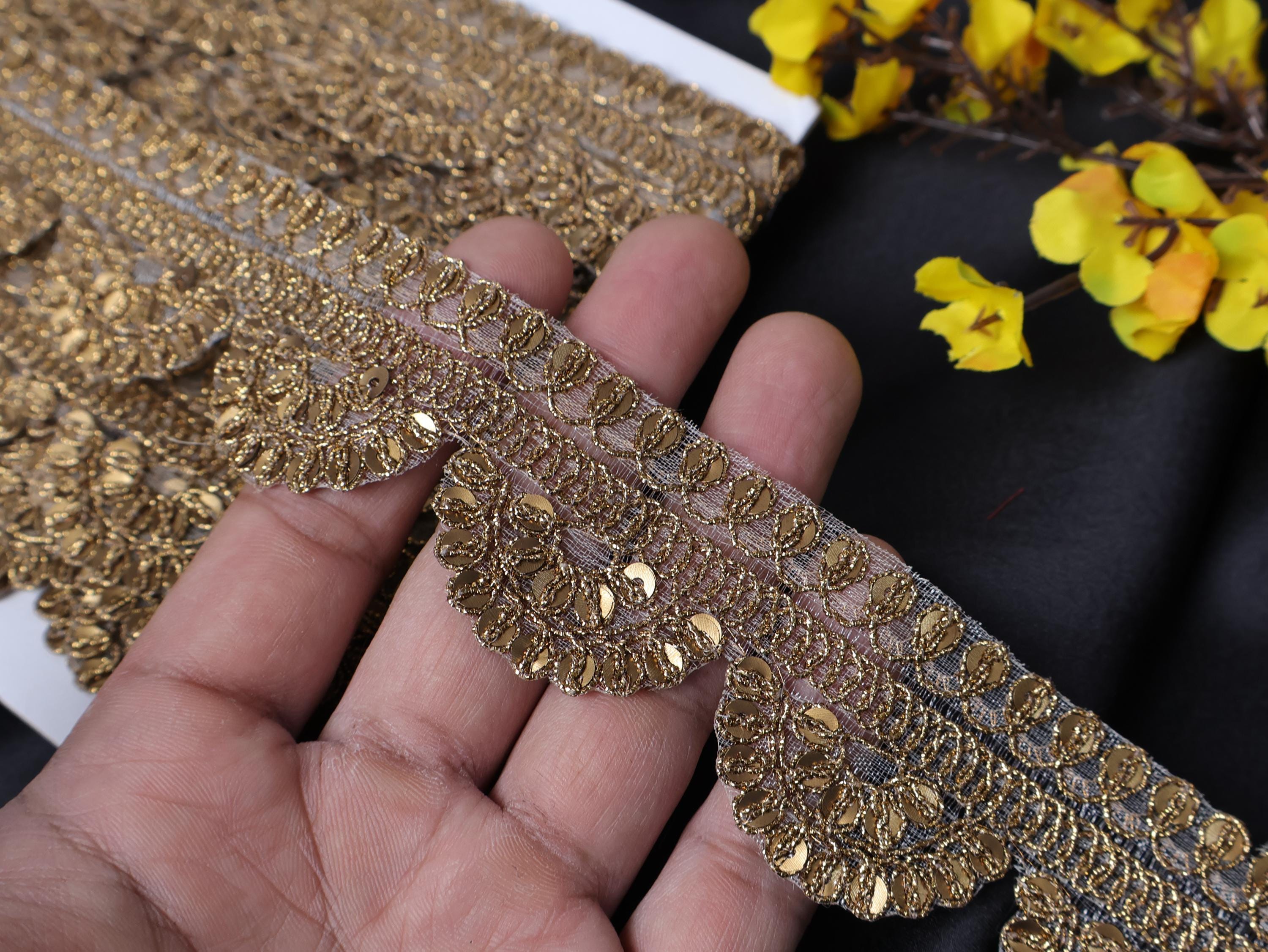 Brown Gold Sequin & Zari Scallop Trim Lace: Indian Sari Ribbon, 9 Yards