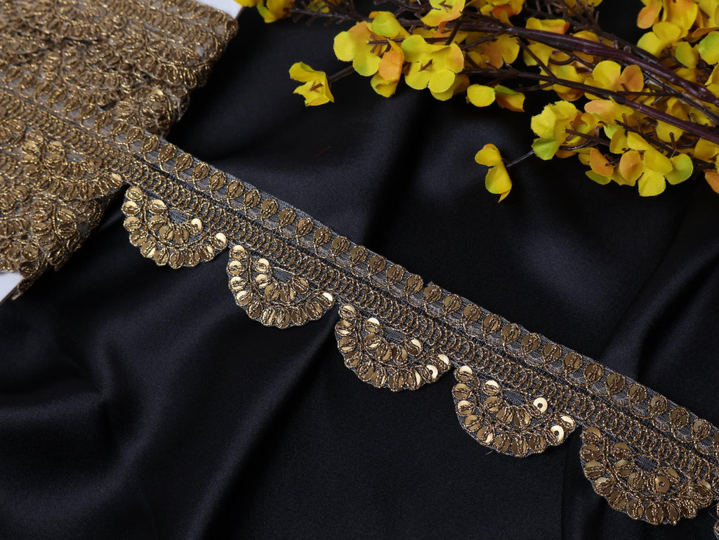 Brown Gold Sequin & Zari Scallop Trim Lace: Indian Sari Ribbon, 9 Yards