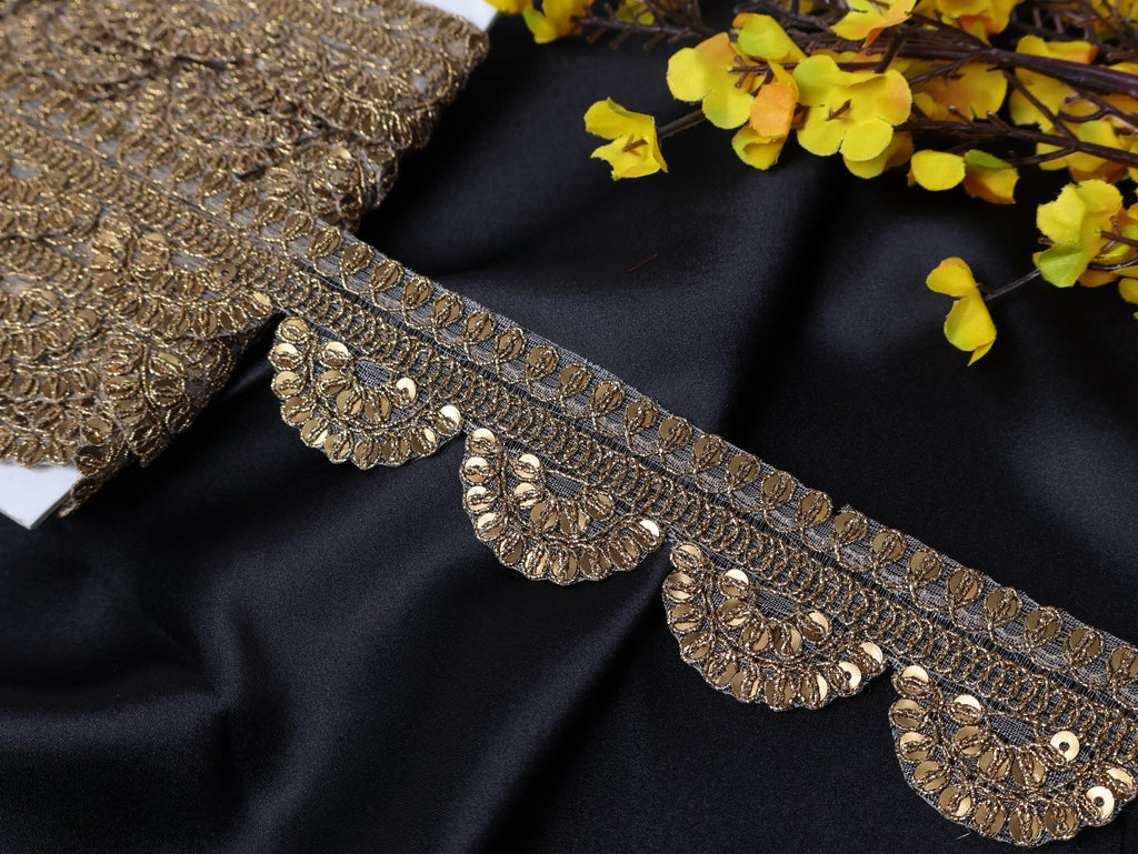 Brown Gold Sequin & Zari Scallop Trim Lace: Indian Sari Ribbon, 9 Yards