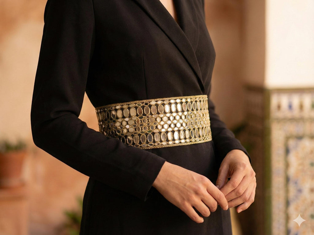 Antique Gold Statement Waist Belt: Mirror Design, Adjustable Chain