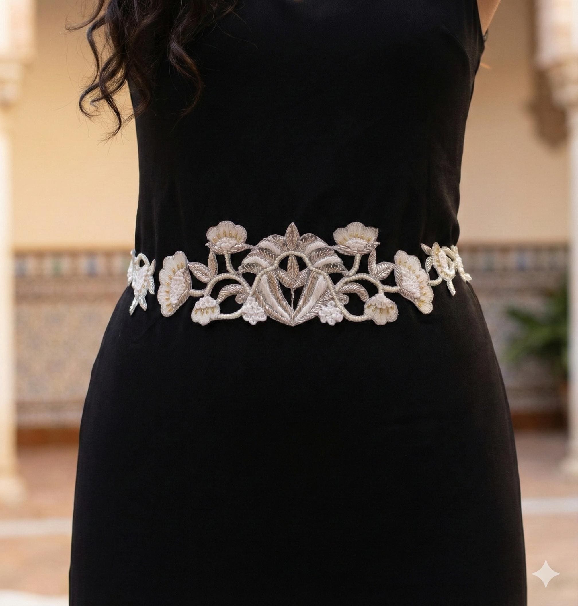 Hand Embroidered Floral Waist Belt: Vintage Style Off White Belt