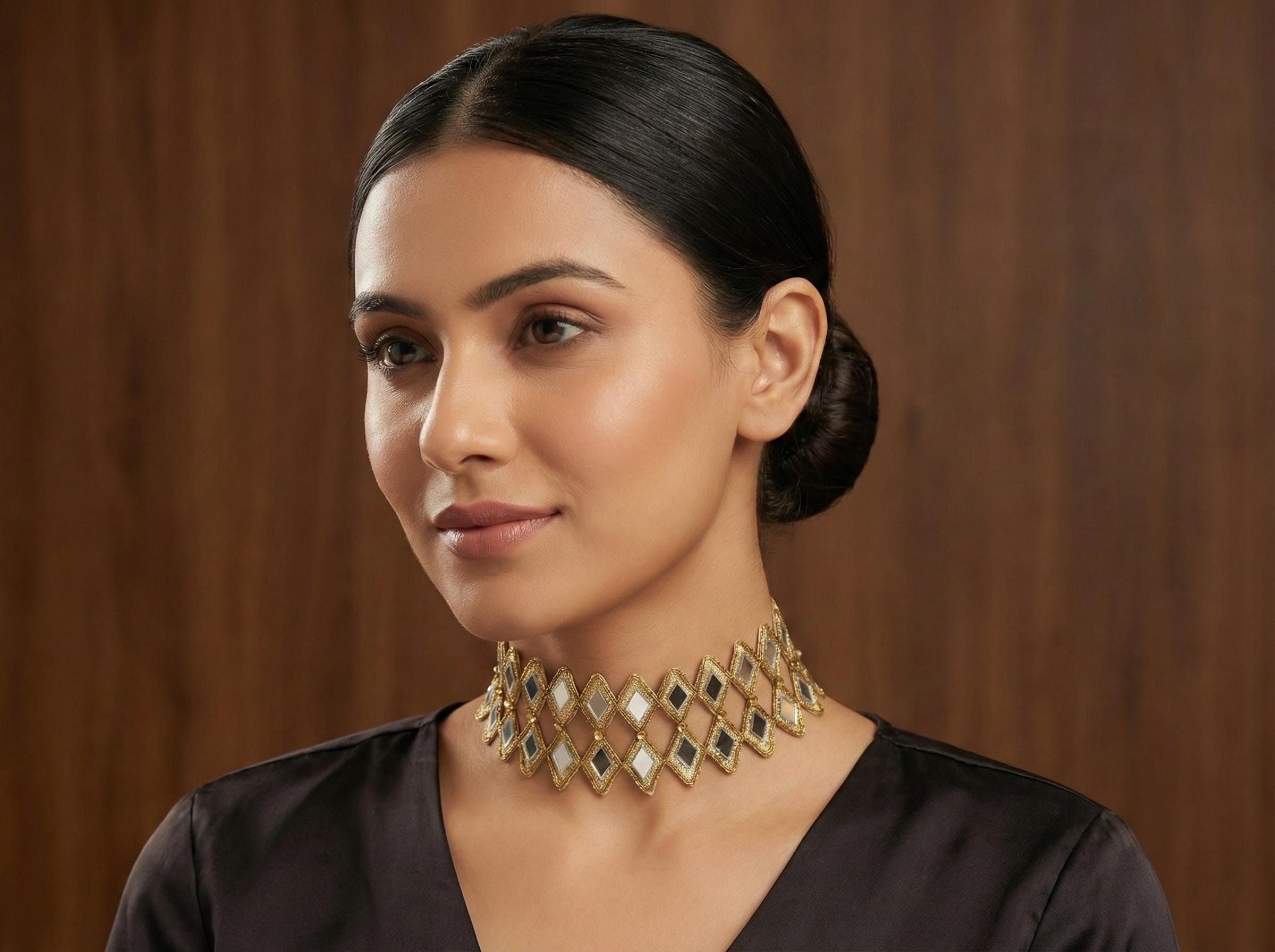 Sheesh Mahal Choker: Antique Gold Handmade Cutwork Neck Collar