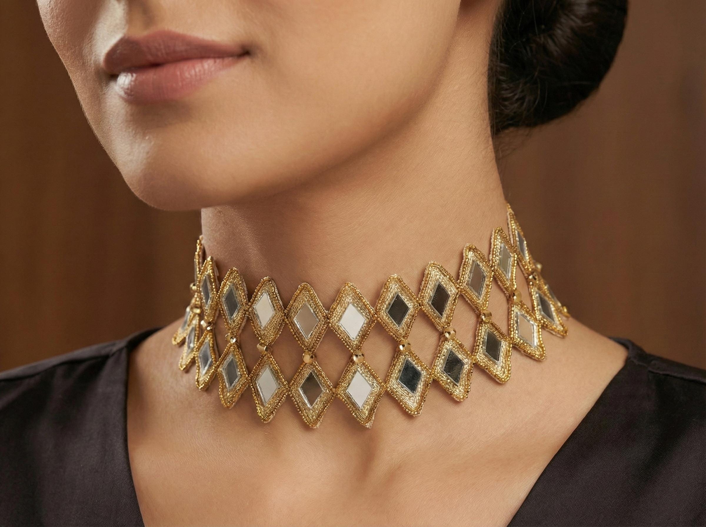 Sheesh Mahal Choker: Antique Gold Handmade Cutwork Neck Collar