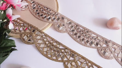 3 Yards Antique Gold Mirror Sari Border: Scalloped Bollywood Lace