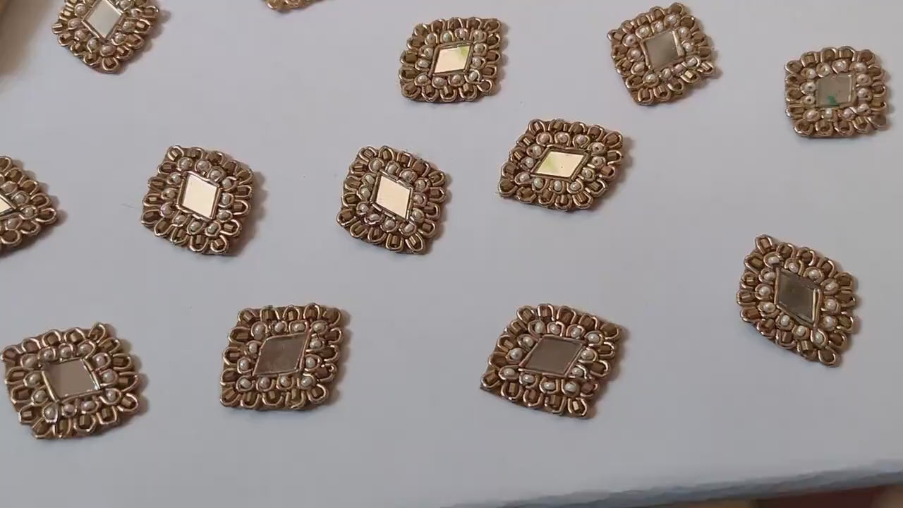 25 Pcs Antique Gold Zardozi Mirror Applique Patches: Indian Embroidery