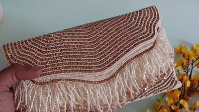 Premium Handheld White & Golden Zircon Beaded Clutch Bag