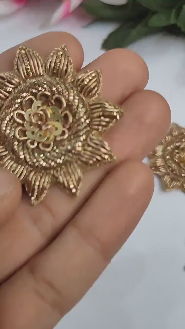 Antique Gold Floral Applique Patches: Indian Hand-Embroidered Embellishments (10 Pc Set, 5cm x 5cm)