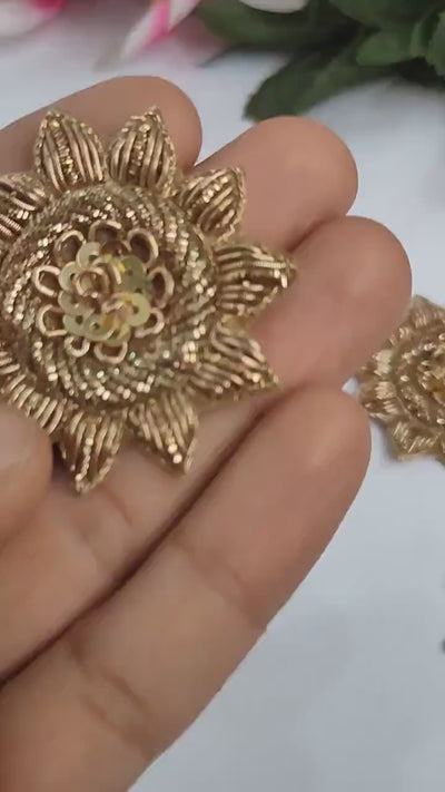 Antique Gold Floral Applique Patches: Indian Hand-Embroidered Embellishments (10 Pc Set, 5cm x 5cm)