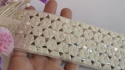 Silver Sequin Lace Trim: Off White Thread, Indian Sari Border (6cm Wide)