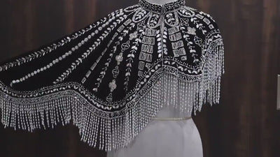 Silver Black Velvet Heavy Embroidered Drop Shoulder Cape