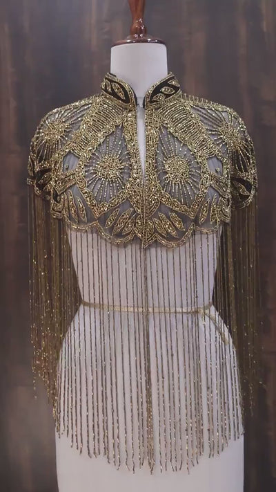 Antique Gold Beaded Bridal Cape: Wedding & Evening Cover-Up Shrug