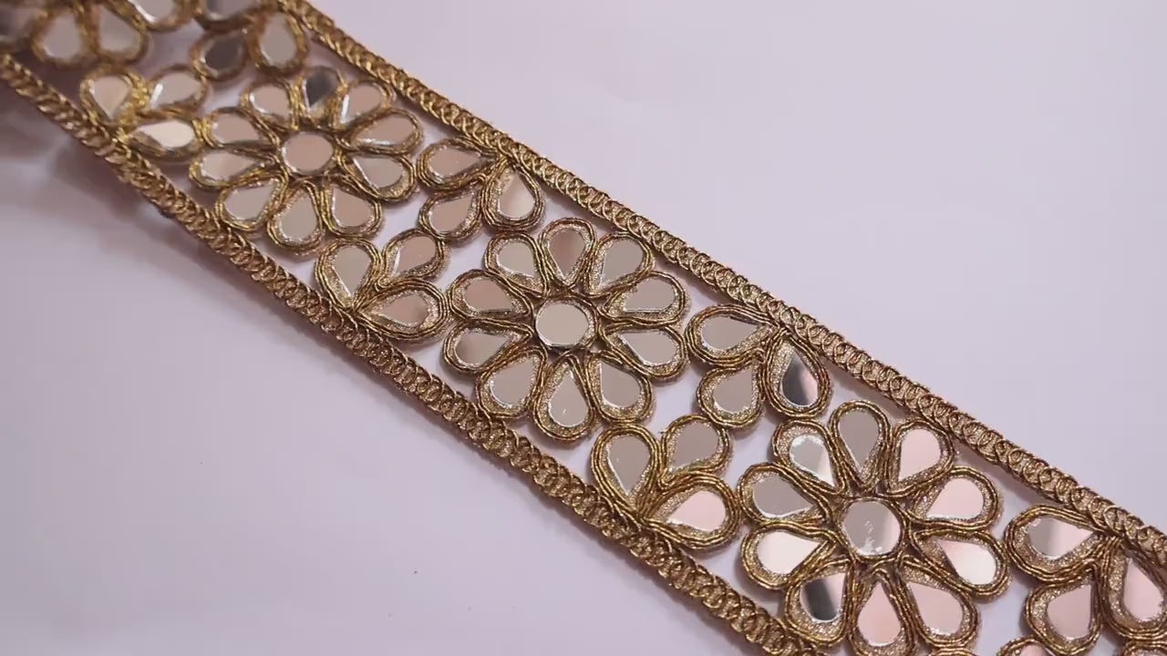 Antique Gold Floral Mirror Trim: Indian Sari Border Lace - 4.5cm