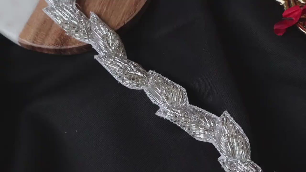 Silver Zardozi Embroidered Vine Lace Trim: Indian Sari Embellishment (1.8 cm Wide)
