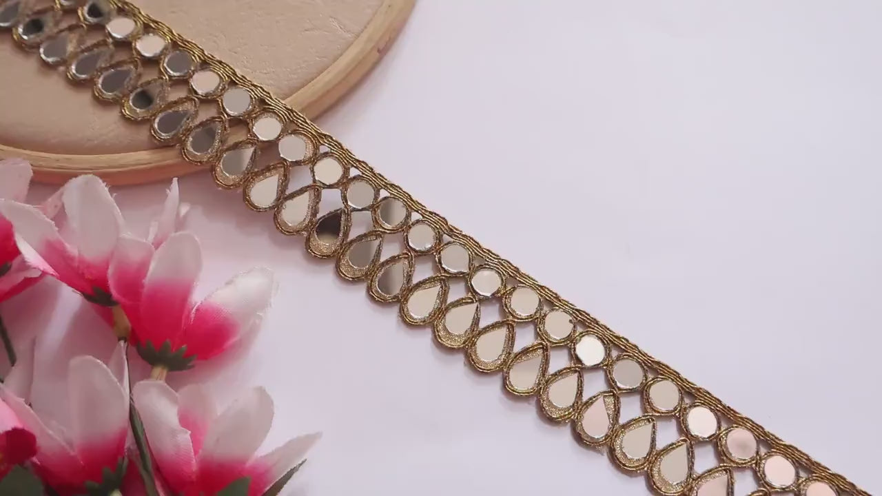 3 Yards Golden Mirror Sari Border: Indian Cutwork Lace Trim (2.5 cm)