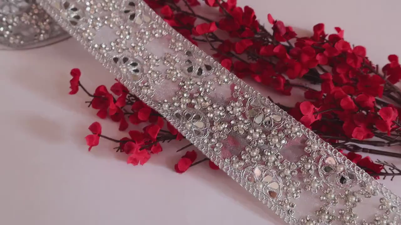 Silver Zircon Pearl Sari Trim: Indian Embroidered Lace, Wedding Dress Border (6cm Wide)