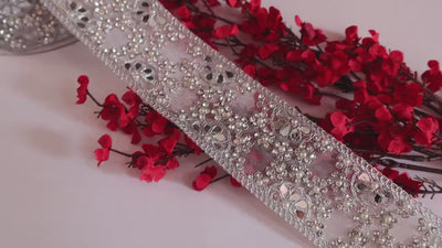 Silver Zircon Pearl Sari Trim: Indian Embroidered Lace, Wedding Dress Border (6cm Wide)