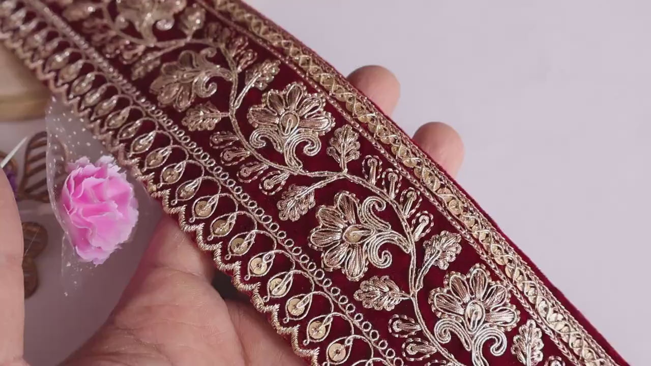 Wine Velvet Zari Lace Trim: Antique Golden Embroidered Border for Sarees