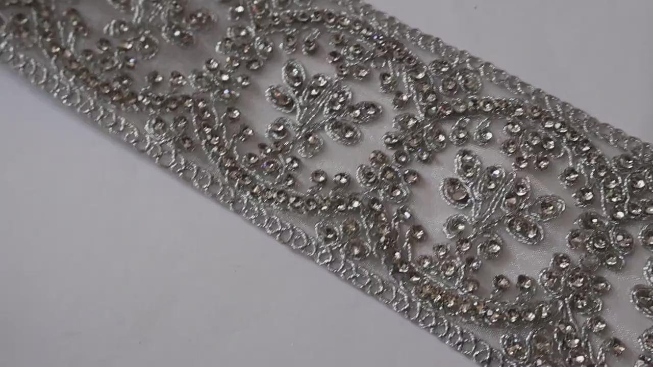Silver Zircon Net Embroidered Trim: Indian Sari Border 8cm Wide