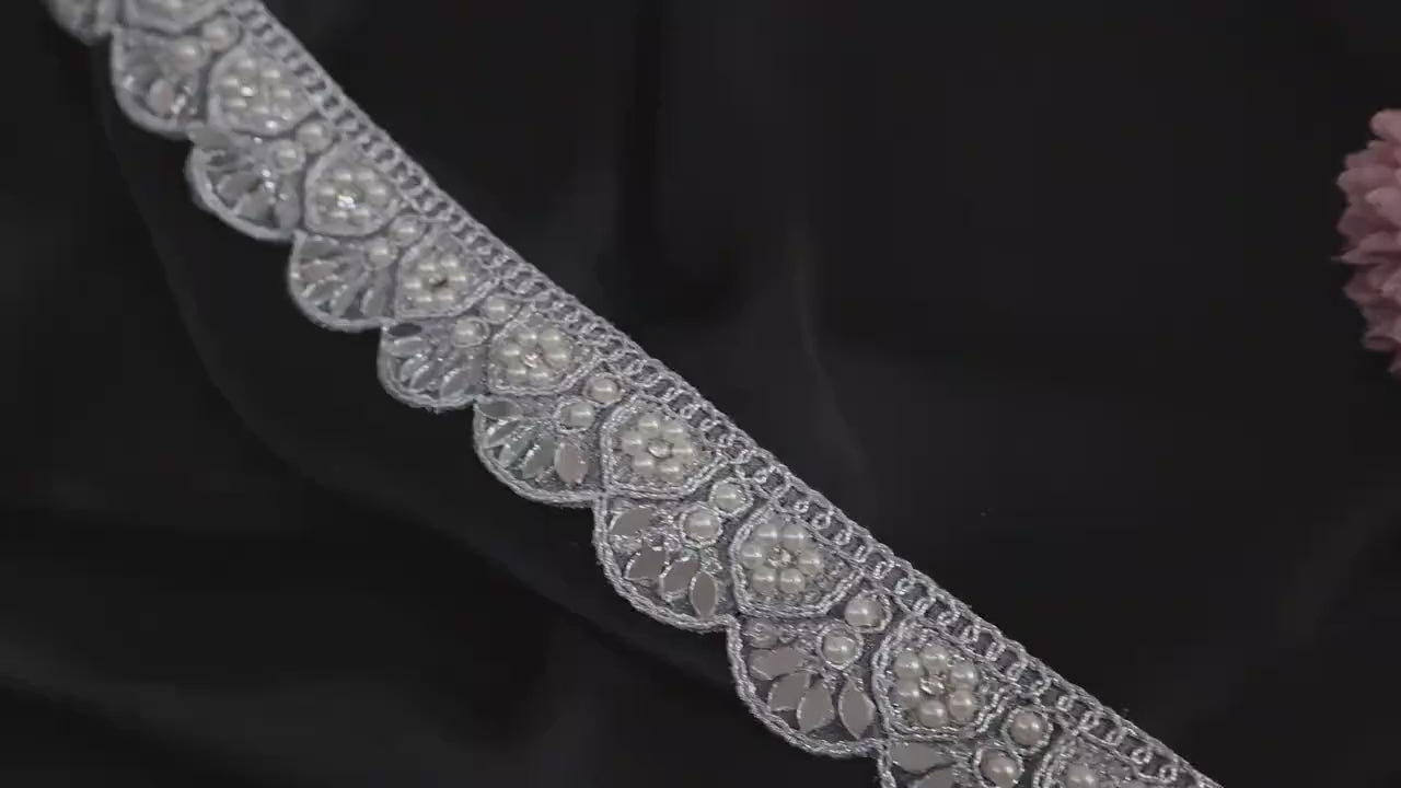 Silver Scalloped Sari Border Lace: Pearl & Mirror Embellished, 1.5" Wide