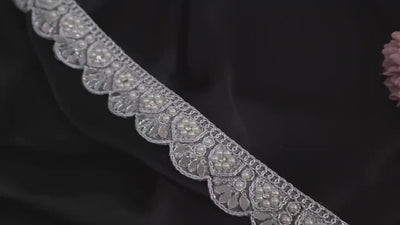 Silver Scalloped Sari Border Lace: Pearl & Mirror Embellished, 1.5" Wide