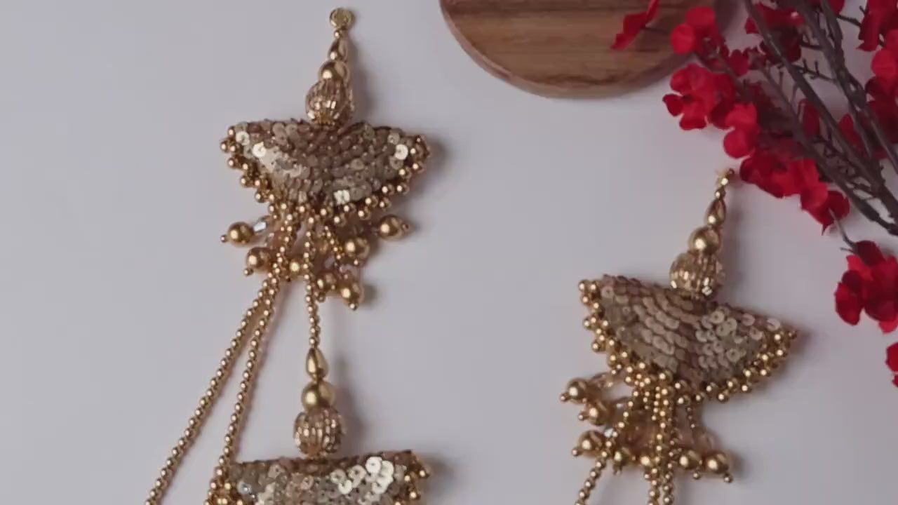 Antique Gold Beaded Tassels: Pearl & Crystal Lehenga Hangings (1 Pair)