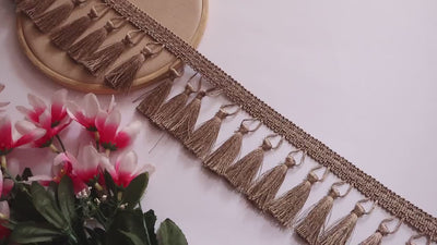 Taupe Tassel Trim: Boho Indian Embroidered Lace, 7cm