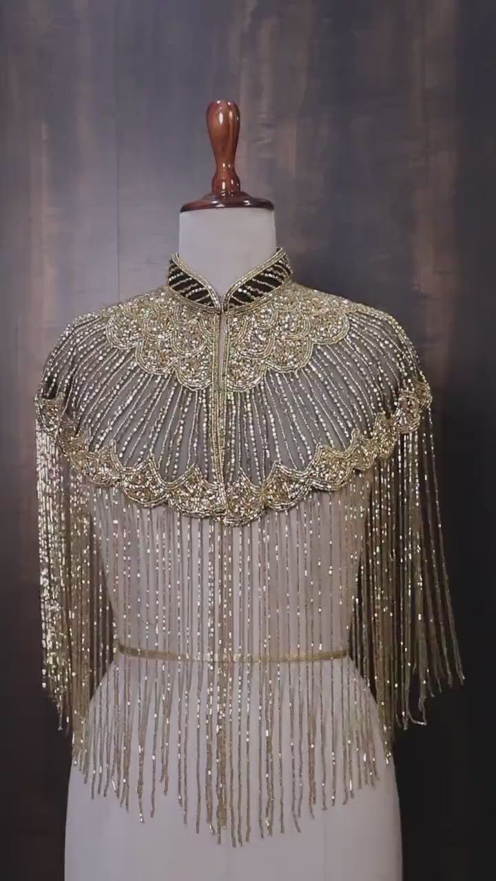 Gold Beaded Fringe Bridal Cape: Wedding & Evening Cover-Up Shrug