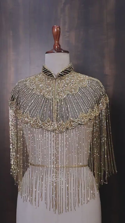 Gold Beaded Fringe Bridal Cape: Wedding & Evening Cover-Up Shrug