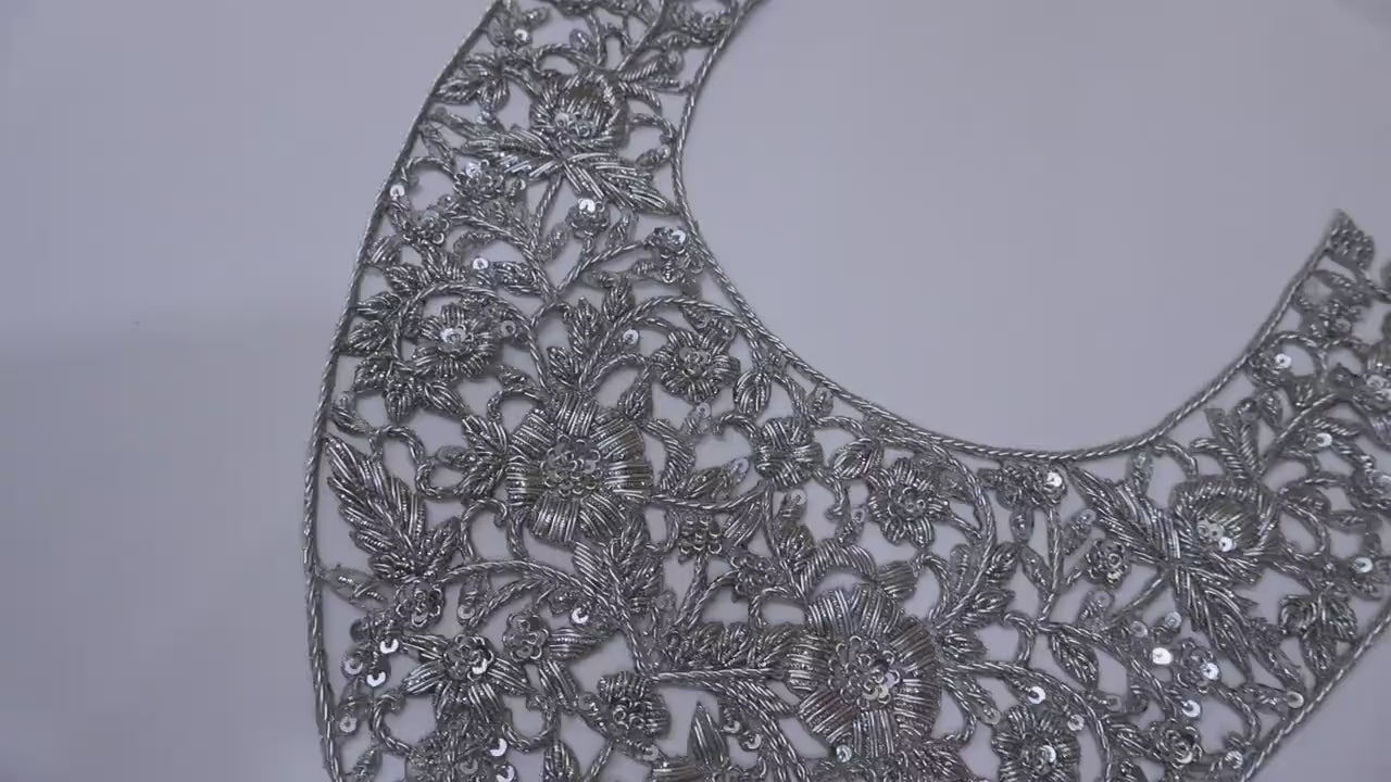 Zardozi Embroidered Neckline Patch with Sleeves: Metallic Silver Indian Applique