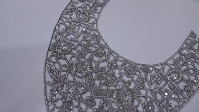 Zardozi Embroidered Neckline Patch with Sleeves: Metallic Silver Indian Applique