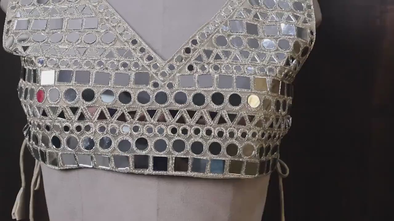 Gold Mirror Work Blouse: Embellished Luxury Sculpted Blouse for Party Wear