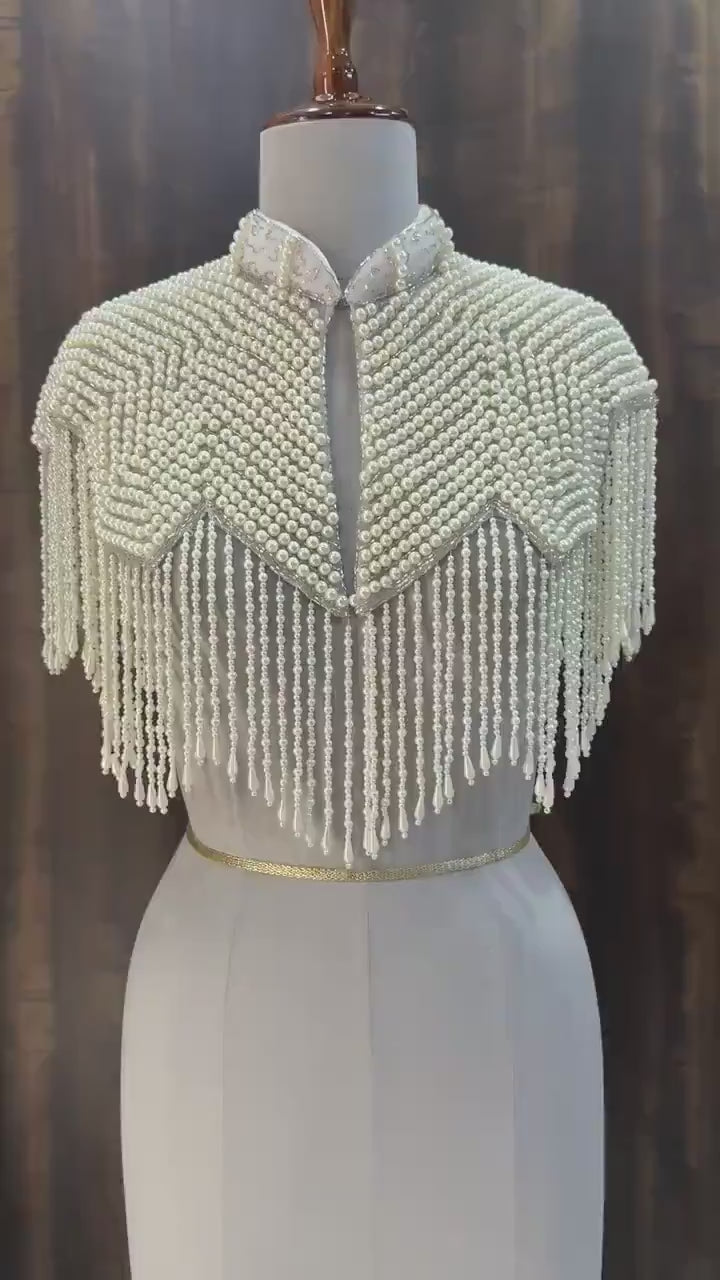 White Pearl Beaded Cape: Wedding & Evening Cover-Up Shrug