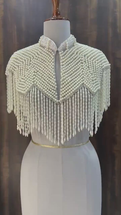 White Pearl Beaded Cape: Wedding & Evening Cover-Up Shrug