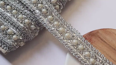 Silver Zircon & Pearl Trim Lace: Indian Sari Border, DIY Crafting - 9 Yards