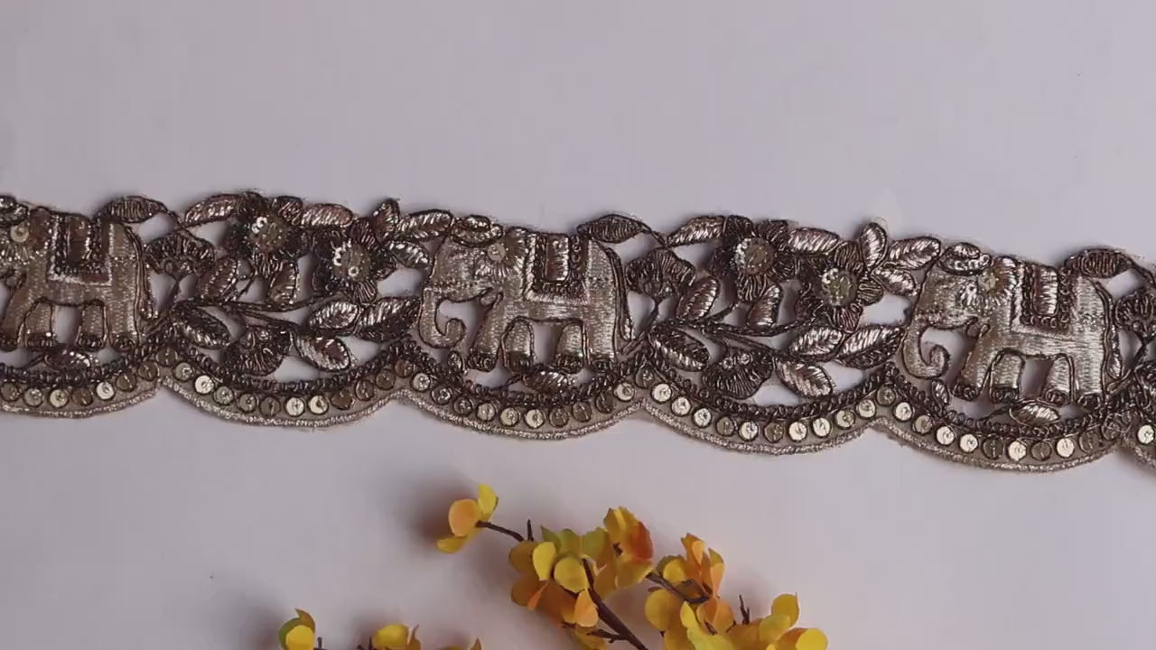 Antique Gold Elephant Embroidered Trim: Floral Zari Indian Lace, 6cm Wide