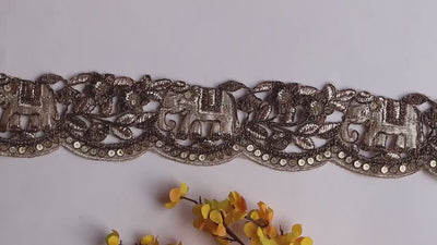 Antique Gold Elephant Embroidered Trim: Floral Zari Indian Lace, 6cm Wide