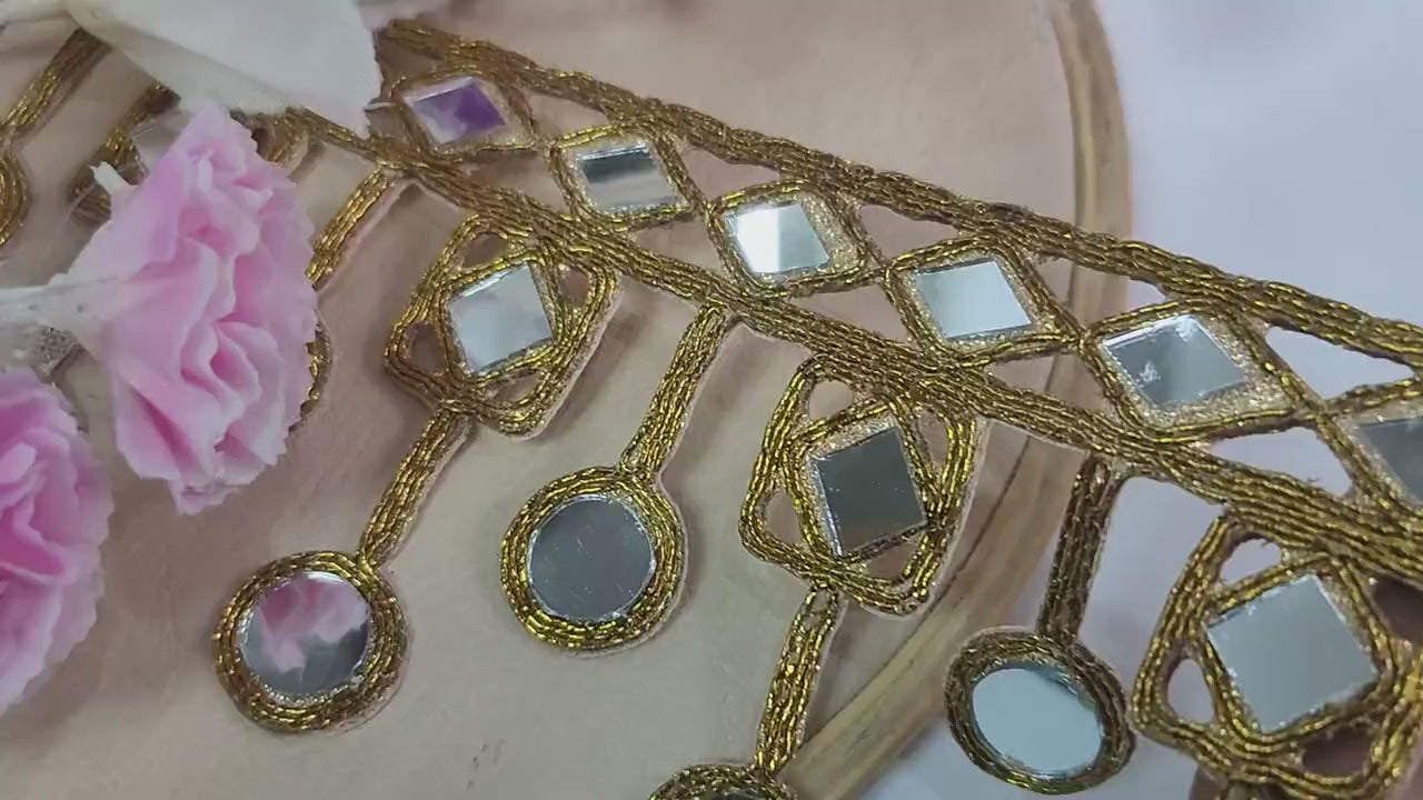 Suspended Mirror Work Sari Border: Gold Indian Lace Trim (7.5cm Wide)