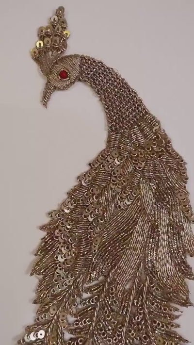 Zardozi Peacock Applique Patch: Antique Gold Indian Embroidery, 43cm