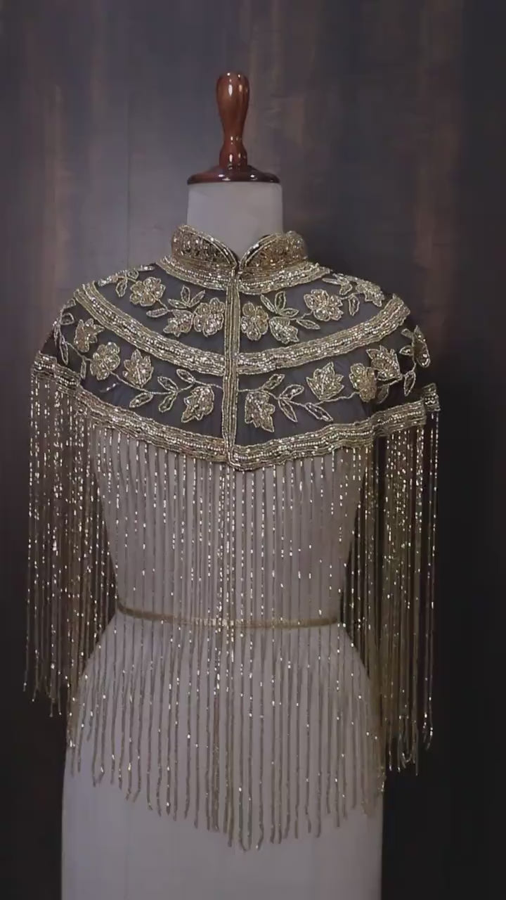 Black Golden Floral Beaded Cape: Wedding & Evening Cover-Up Shrug