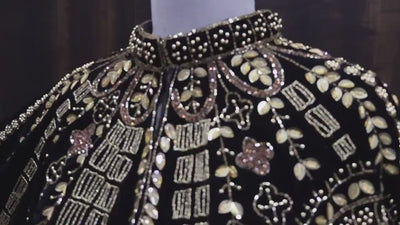 Golden Black Velvet Heavy Embroidered Drop Shoulder Cape