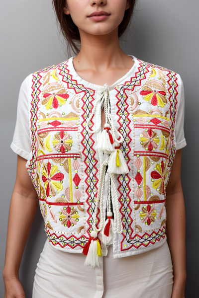 Multicolor Embroidered Indian Ethnic Vest with Tassel Tie Strings and Sequins